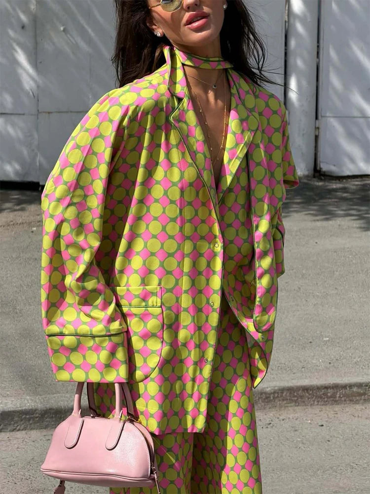 Lime Pink Polka Dot 2 Piece Set Oversized Long Sleeve Lapel Blazer Cuffed Wide Leg Trousers Sets Chic Casual Daily Outing Outfit