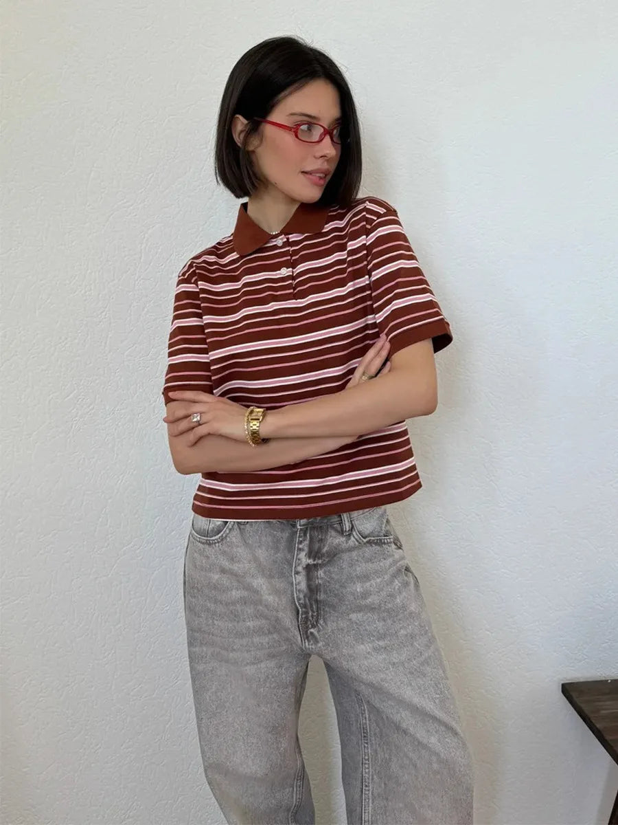 Sumuyoo Women's Retro Striped Polo T-Shirt Loose Fit Short Sleeve Casual Knitted Shirt Fashionable Summer Top for Ladies