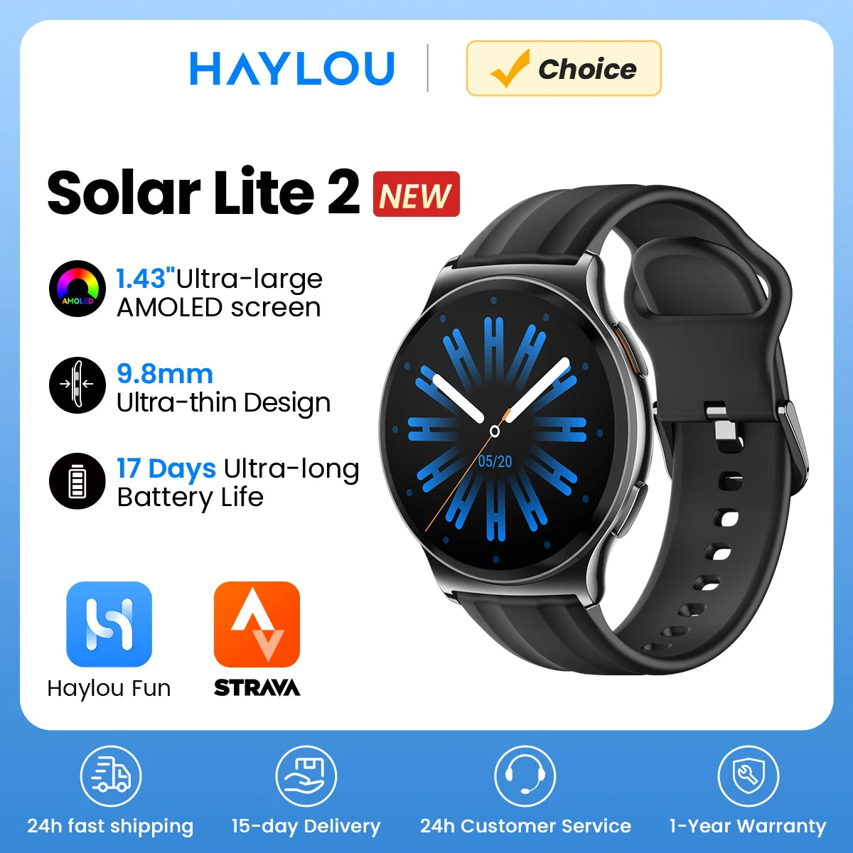 HAYLOU Solar Lite 2 Smart Watch, 1.43" AMOLED Display, 150+ Sports Modes, Voice Calling