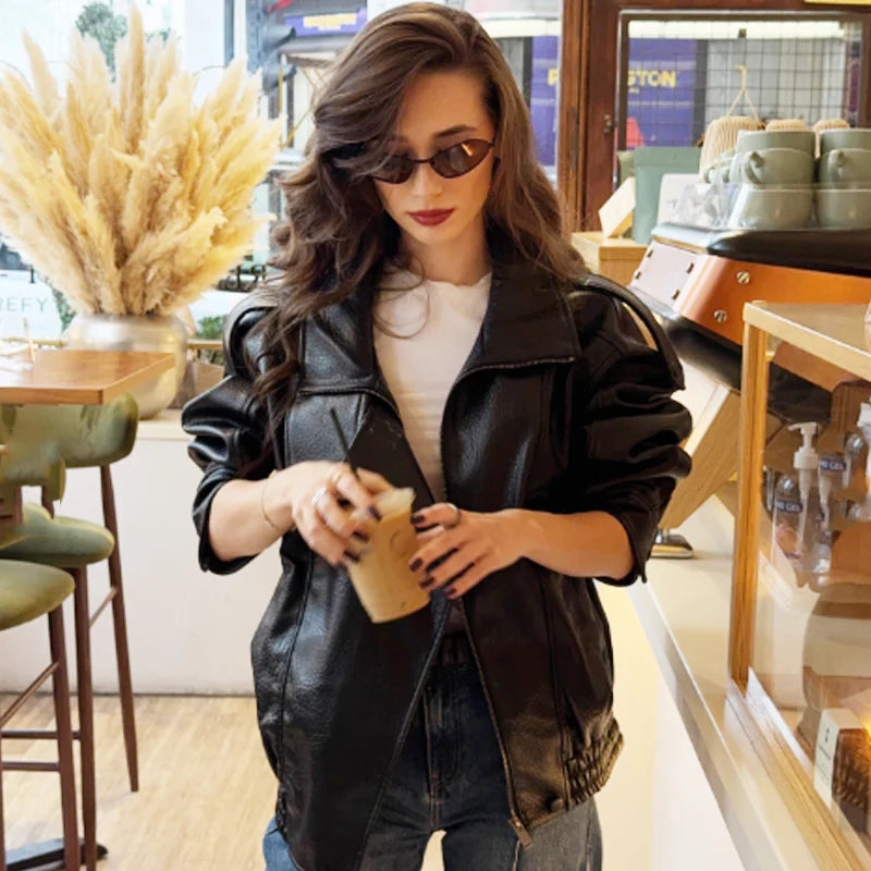 Women's Cropped Faux Leather Bomber Jacket – Oversized Zip-Up Black Jacket