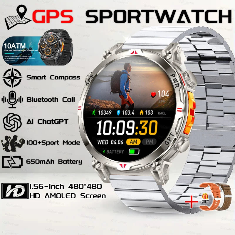 Outdoor GPS Sports Smart Watch for Men, 1.56" AMOLED, Compass, 10ATM Water Resistant