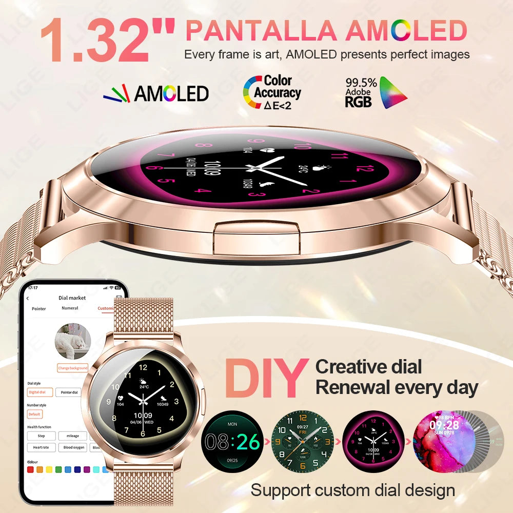 LIGE Women's 1.32" AMOLED Smart Watch, Slim Design, IP68 Water Resistant