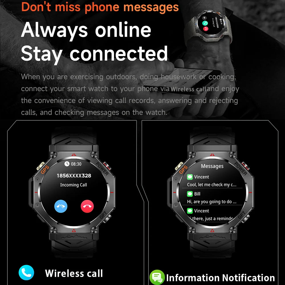 Military Outdoor GPS Smart Watch for Men, 1.39" Display, 5ATM, 530mAh Battery