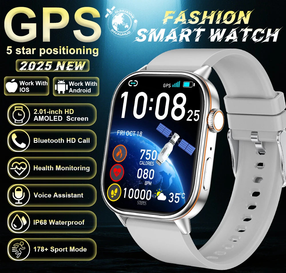 Outdoor GPS Smart Watch for Men, 2.01" AMOLED, Compass, 178+ Sports Modes