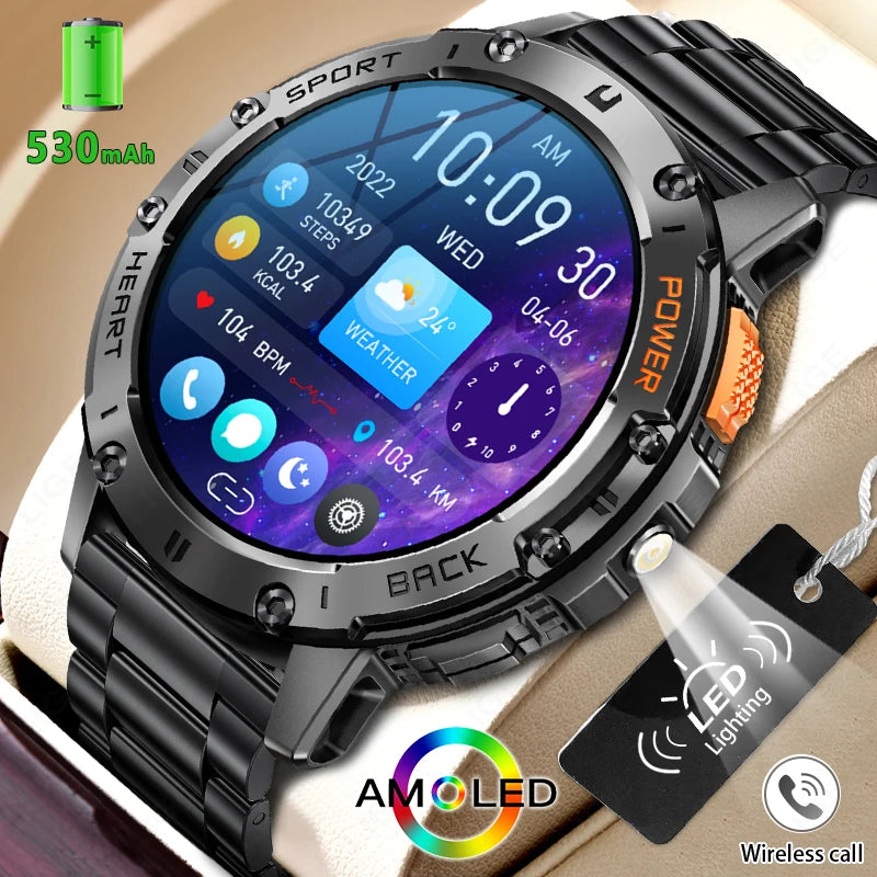 Men's AMOLED Smart Watch with LED Flashlight, Bluetooth Calling, Water Resistant