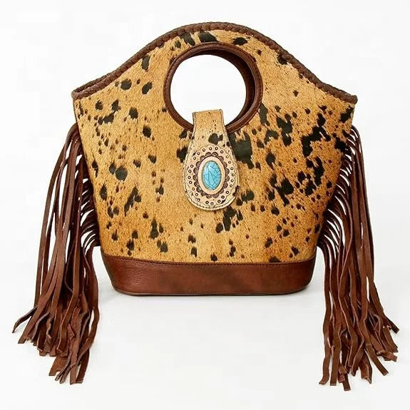 Women's Boho Fringe Shoulder Bag – Leather Crossbody Bucket Bag with Turquoise Accent