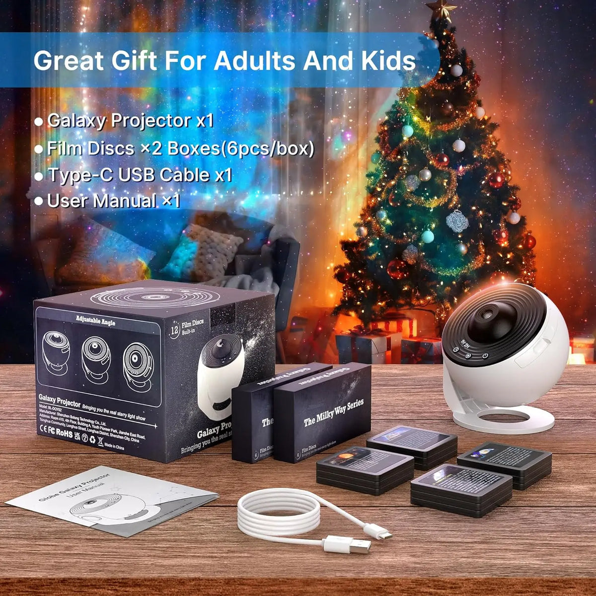 Galaxy Star Projector Night Light – 360° Rotating Planetarium Light with 13 Discs
