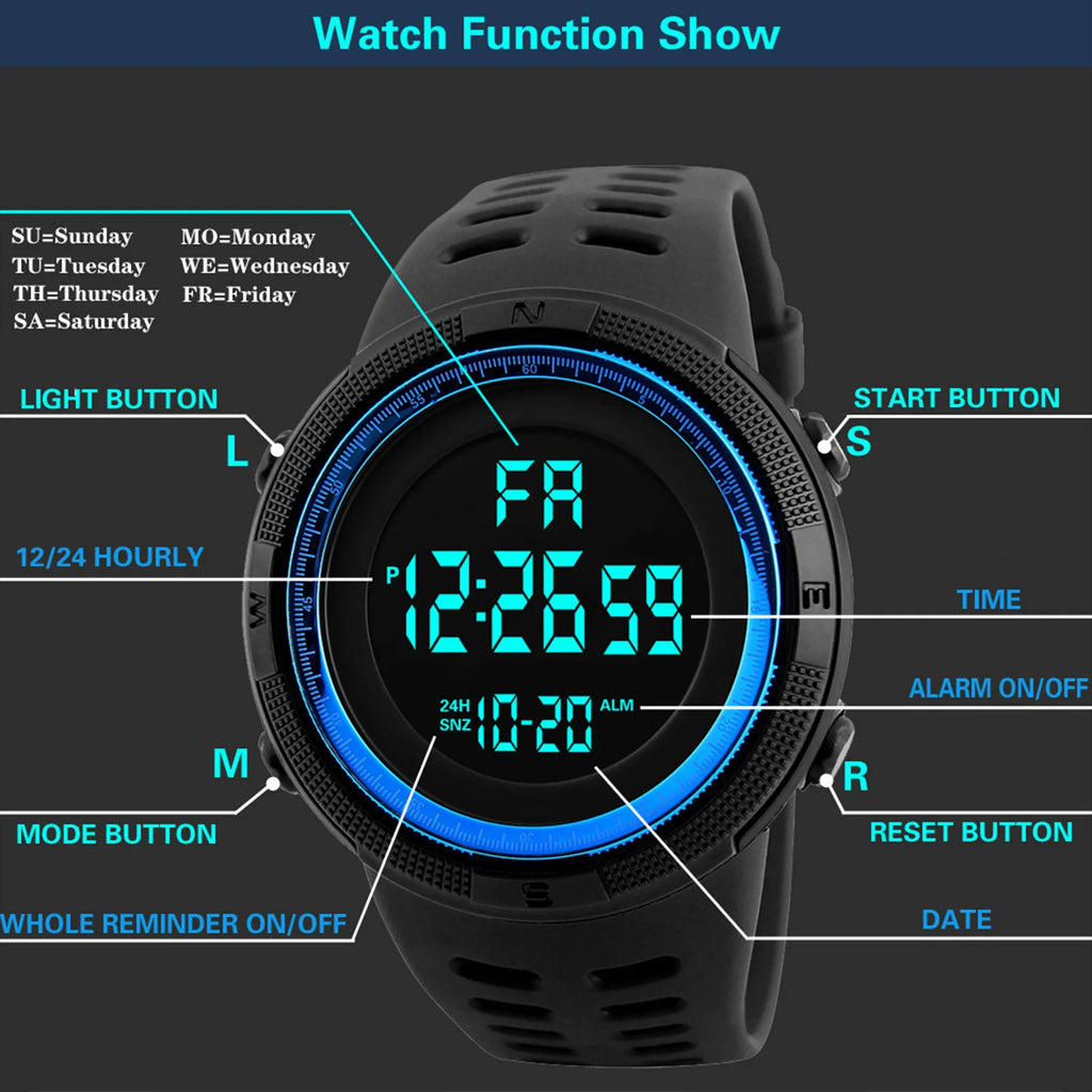 Men's Digital Sports Watch, 50m Water Resistant, Luminous Display, Alarm & Stopwatch