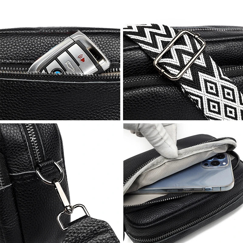 Genuine Leather Crossbody Bag – Soft Cowhide Messenger Bag with Wide Strap