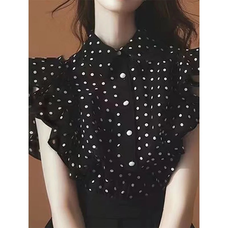 Black Polka Dot Sleeveless Chiffon Shirt Women's Summer Fashionable Beautiful Top Fairylike Flying Sleeve Short Sleeve Shirt