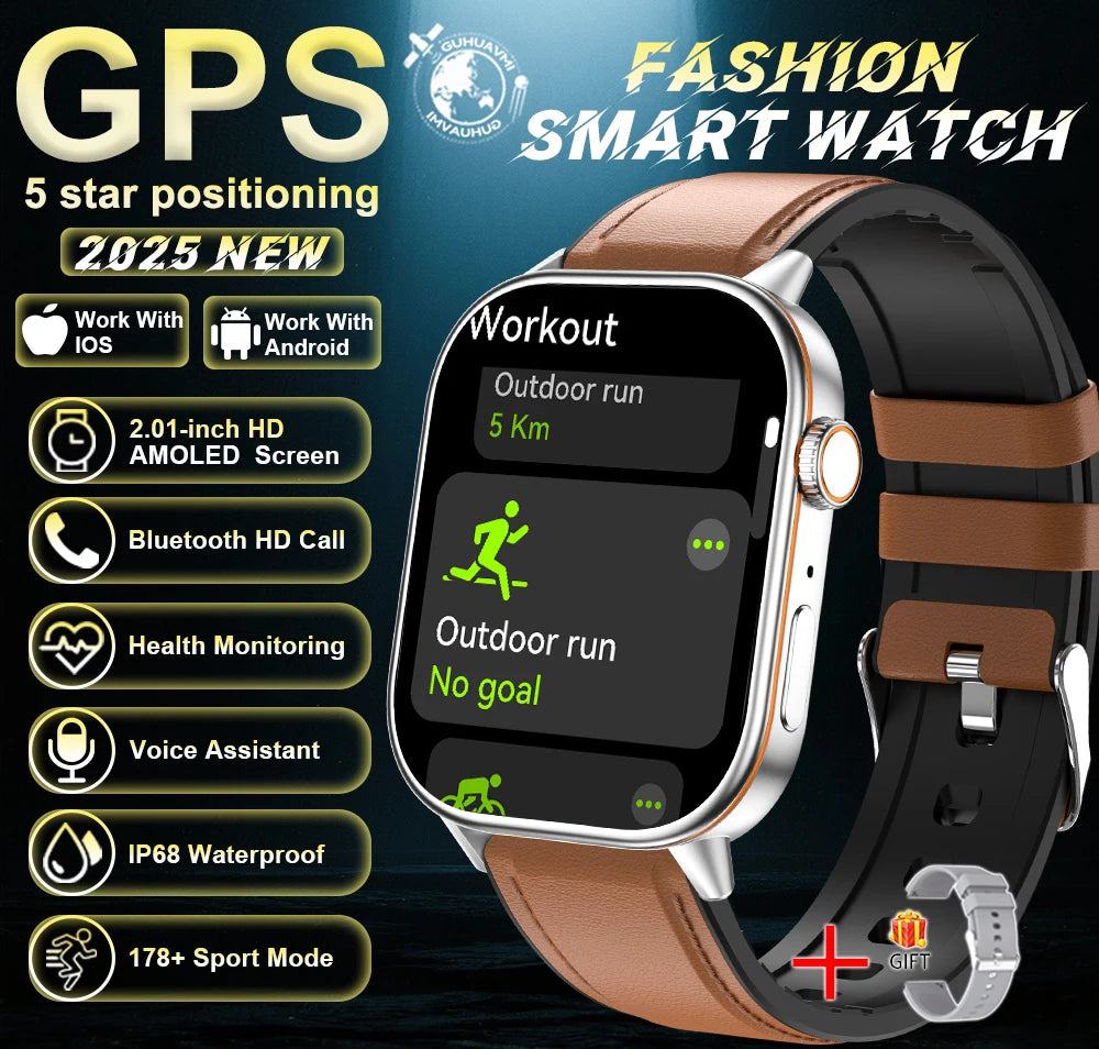 Outdoor GPS Smart Watch for Men, 2.01" AMOLED, Compass, 178+ Sports Modes