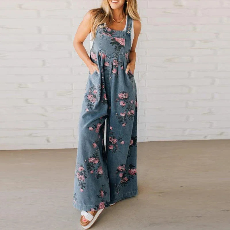 Summer Floral Printed Sleeveless Jumpsuit Women Casual Pocket Multicolor Overalls Square Wide Pants Jumpsuit Women Playsuits