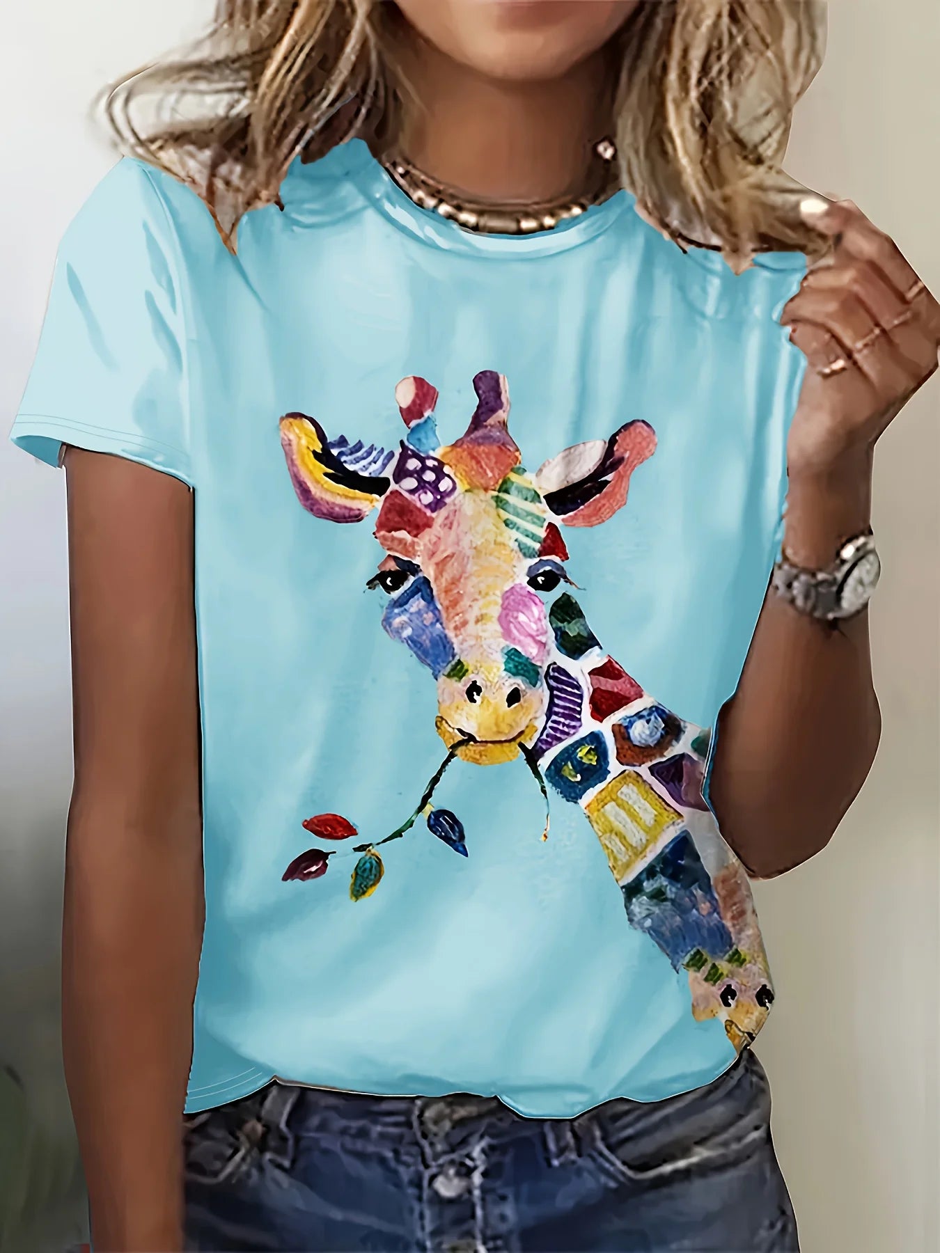 Colorful Abstract Giraffe Women's Tee - Vibrant Patterned Graphic, Artistic Animal Print for Casual Daily Wear