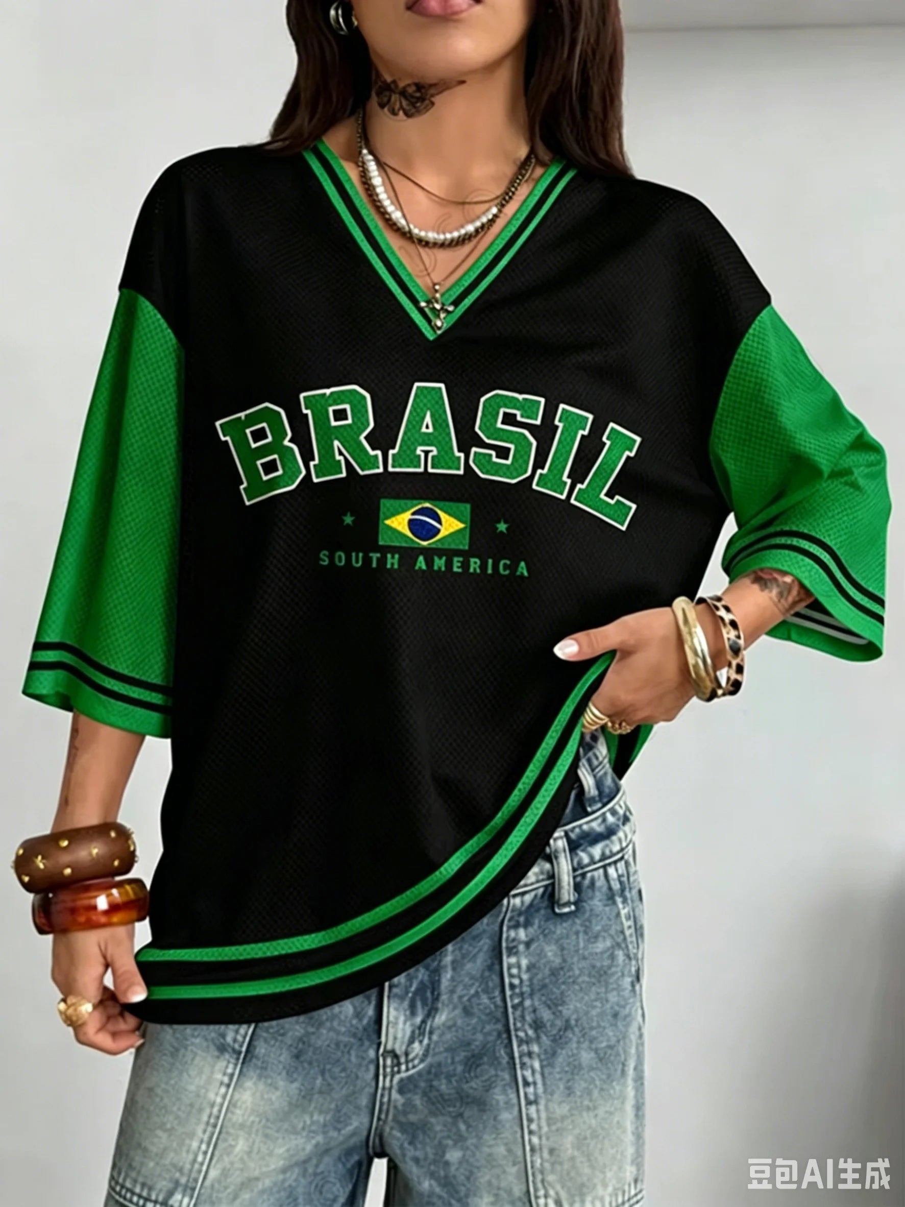 Summer New Vintage Brazil Style Print Women V-Neck T Shirt Patchwork Short Sleeve Sports Tees Football Jersey Y2K Loose Tops