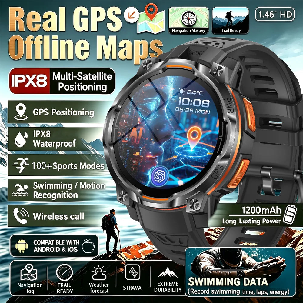 Outdoor GPS Smart Watch with Offline Maps, 1.46" AMOLED, Compass, Altimeter, IPX8