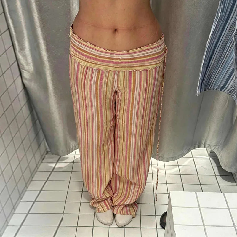 Street Print Strip Women Slim Drawstring High Waist Button Pockets All-match Pants Female 2026 Fashion Summer Autumn Bottom Lady
