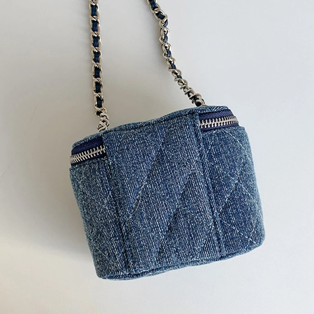 Mini Denim Crossbody Bag with Chain Strap – Quilted Box Shoulder Bag