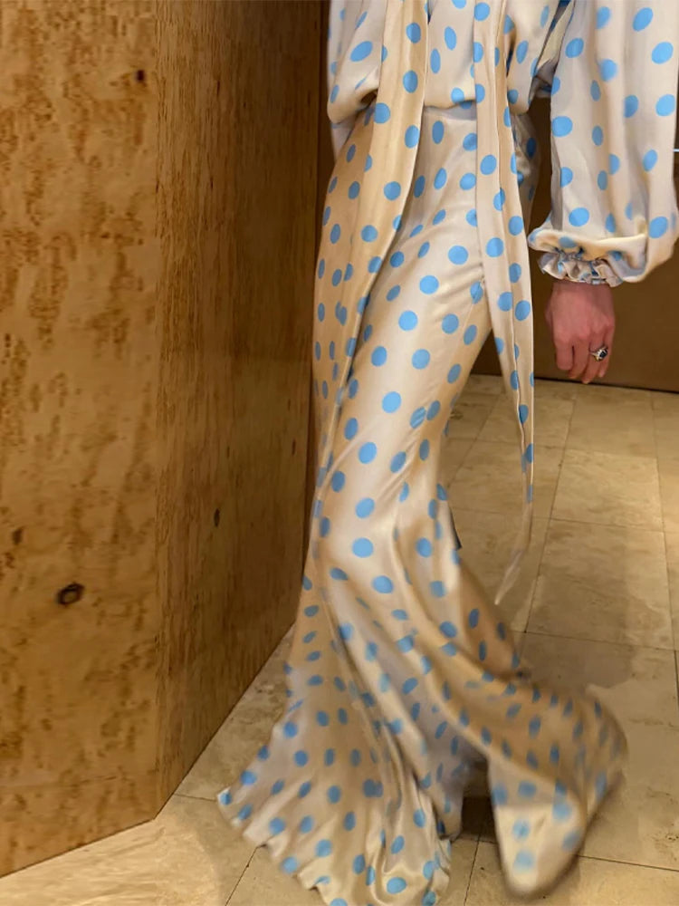 Sexy Polka Dot Satin Women Top Skirt Suit Party V-Neck Tie Neck Shirt High Waist Skirts 2026 Spring Summer Female 2 Pieces Set