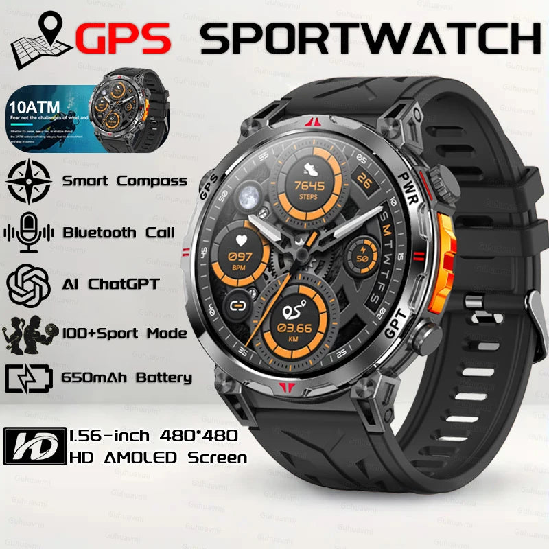 Outdoor GPS Sports Smart Watch for Men, 1.56" AMOLED, Compass, 10ATM Water Resistant