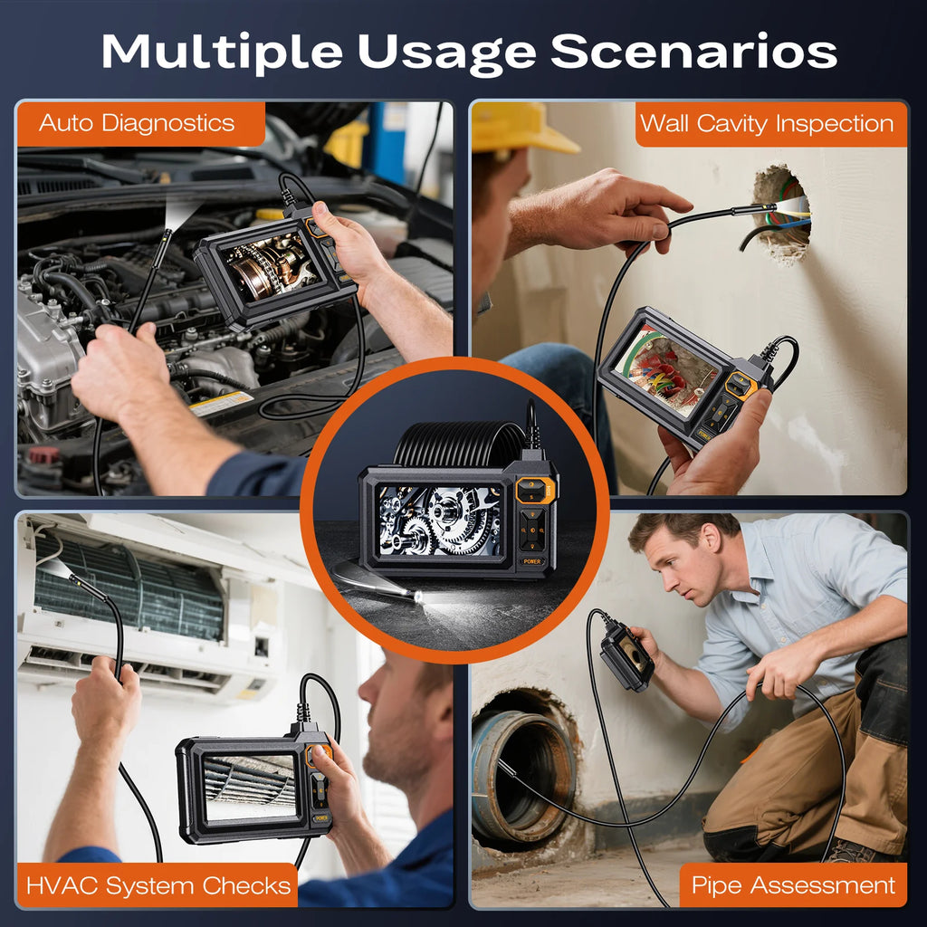 Dual-Lens Borescope Inspection Camera with LED Light & 4.3" Screen