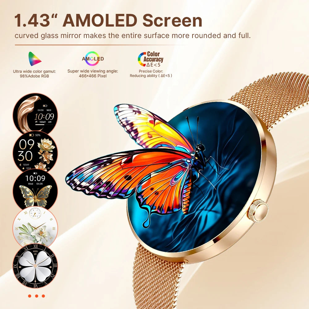MEVADEN Women's Smart Watch, 1.43" AMOLED, 8.5mm Ultra-Thin Stainless Steel