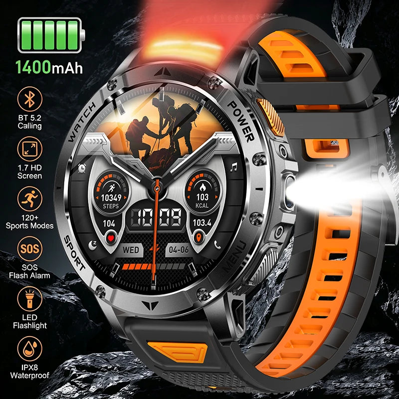 Rugged Smart Watch with 1400mAh Battery, 1.7" Display, IPX8, LED Flashlight, SOS