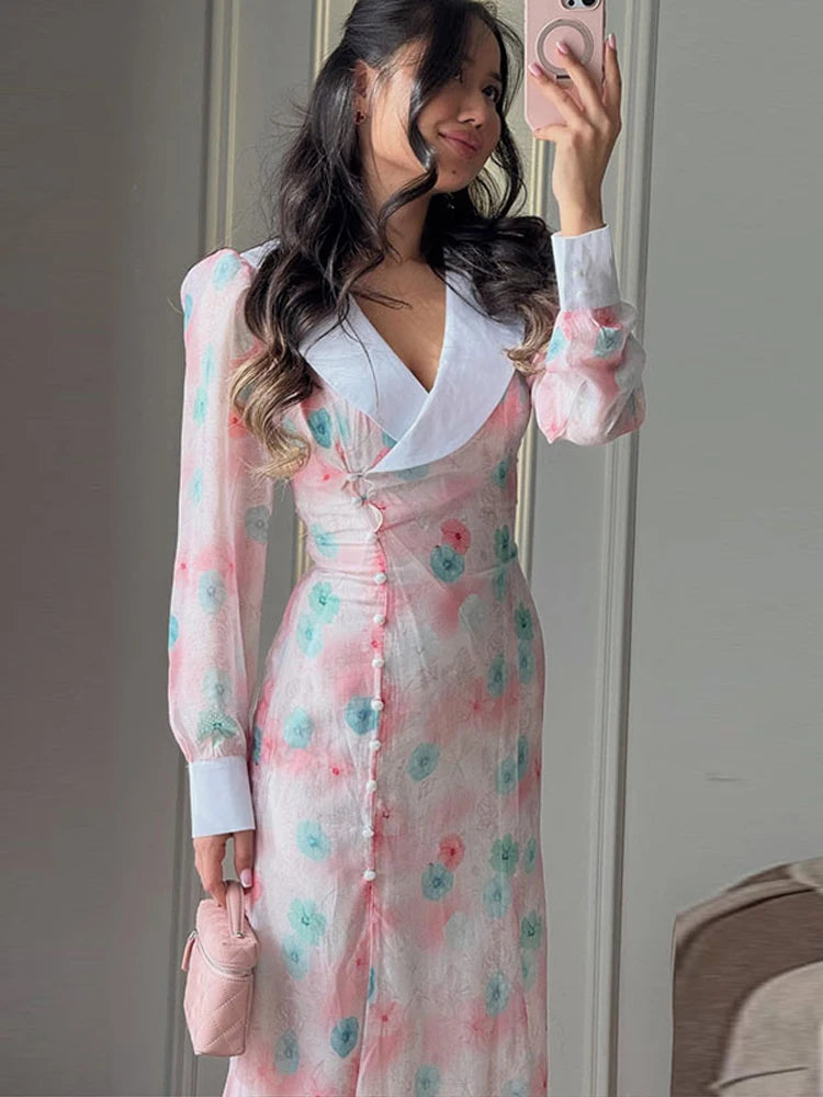 Elegant Printed V-Neck Contrast Dress Women's Side Single Breasted Lace Up Maxi Dresses 2026 Summer New Ladies Chic Party Gown