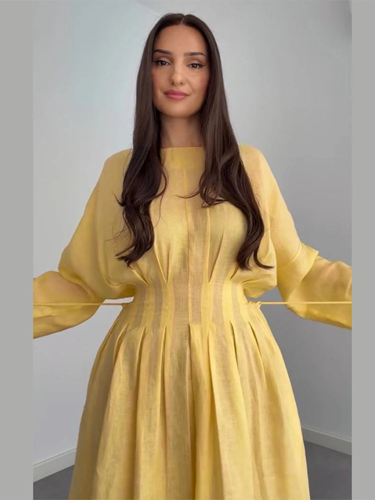Casual Pleated Women's Dress Solid  Long Sleeve O-Neck Waist-Closed Lace-Up Dresses 2026 Chic Female Vacation Holiday Robe
