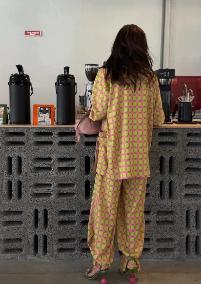 Lime Pink Polka Dot 2 Piece Set Oversized Long Sleeve Lapel Blazer Cuffed Wide Leg Trousers Sets Chic Casual Daily Outing Outfit