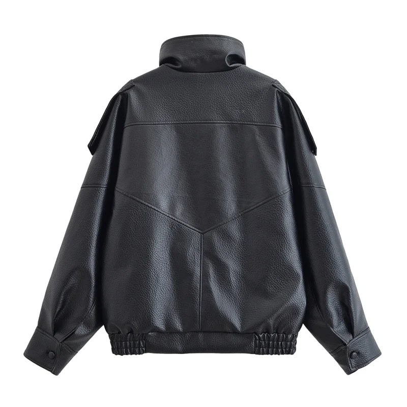 Women's Black Faux Leather Moto Jacket – Pebble Texture Long Sleeve Biker Jacket