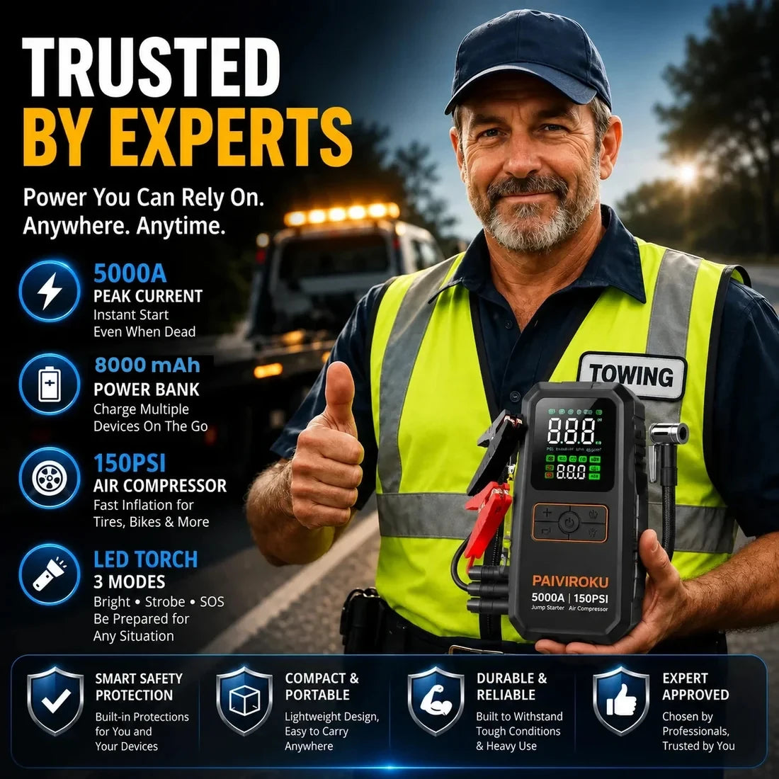 4-in-1 Car Jump Starter with Air Compressor – 5000A Peak, 150PSI, Power Bank