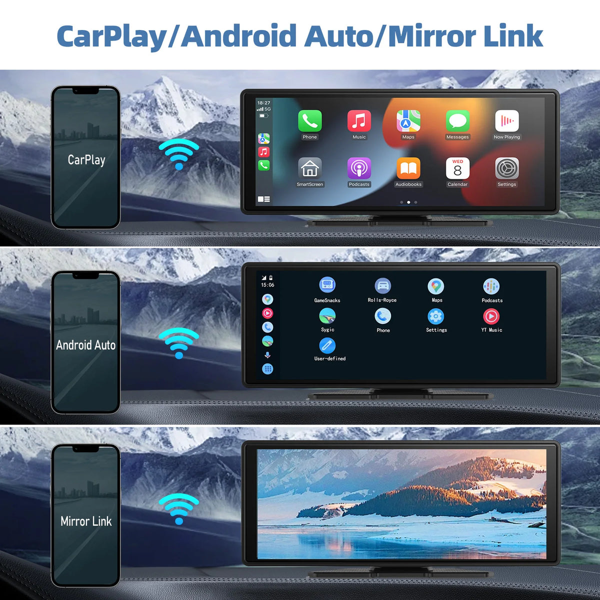 Portable Wireless CarPlay & Android Auto Touchscreen – Dashboard Car Stereo Display