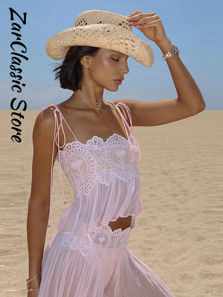 Beach Pink Lace Spliced Women's Set Summer See Through Strap Tank Top Pleated Lantern Pants Sets Lady New Casual Vacation Outfit