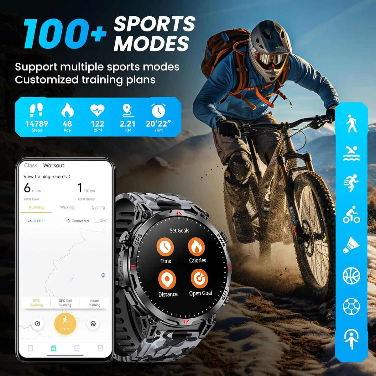 Outdoor GPS Sports Smart Watch for Men, 1.56" AMOLED, Compass, 10ATM Water Resistant