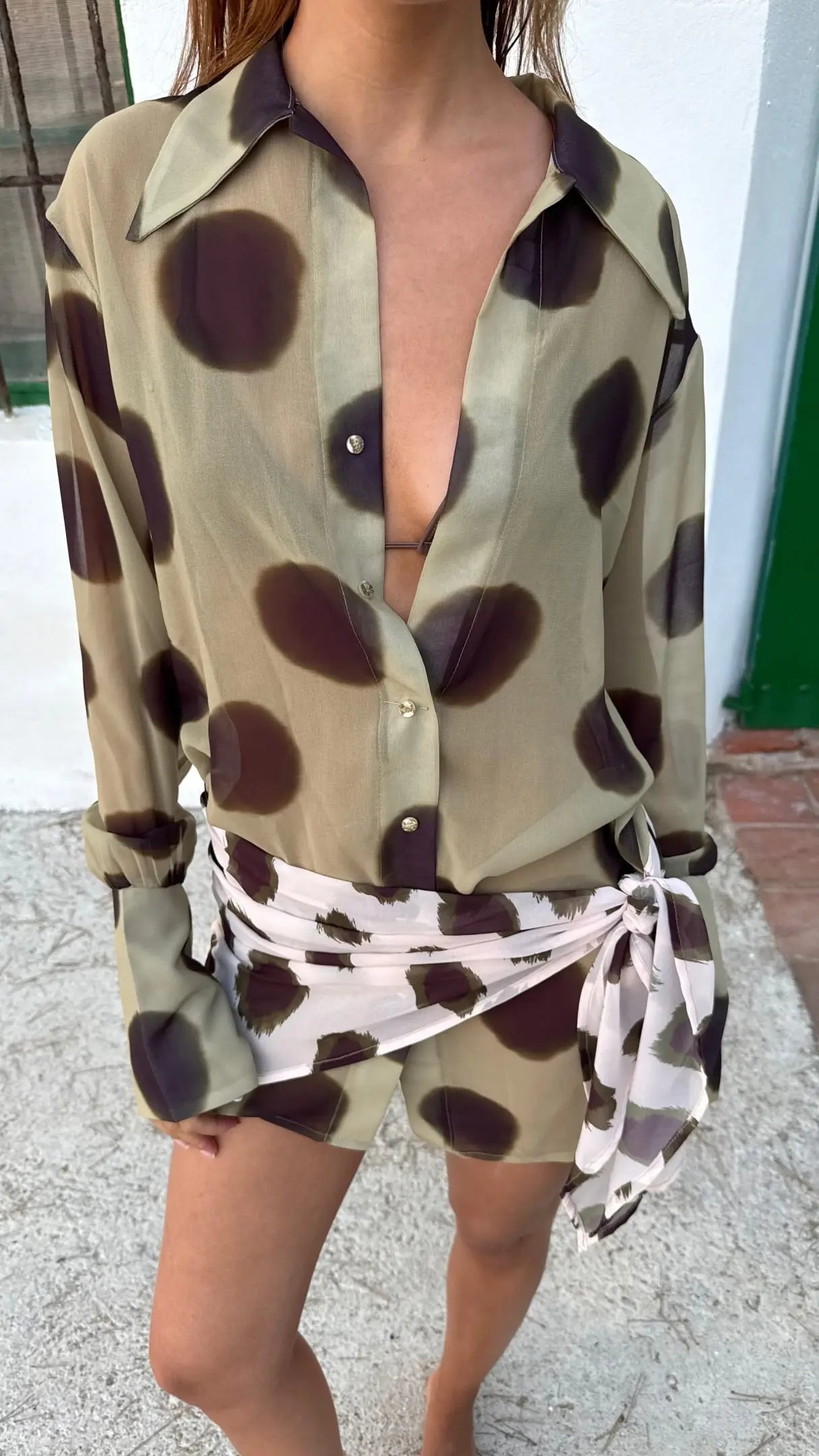Fashion Printed Detachable Scarf Shirt Dress Women Flare Sleeve Single Breasted Mini Dresses 2026 Summer New Lady Vacation Wear
