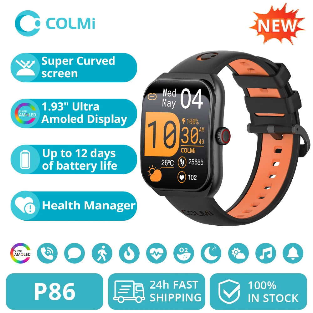 COLMI P86 Smart Watch, 1.93" AMOLED Display, Bluetooth Calling, IP68 Water Resistant