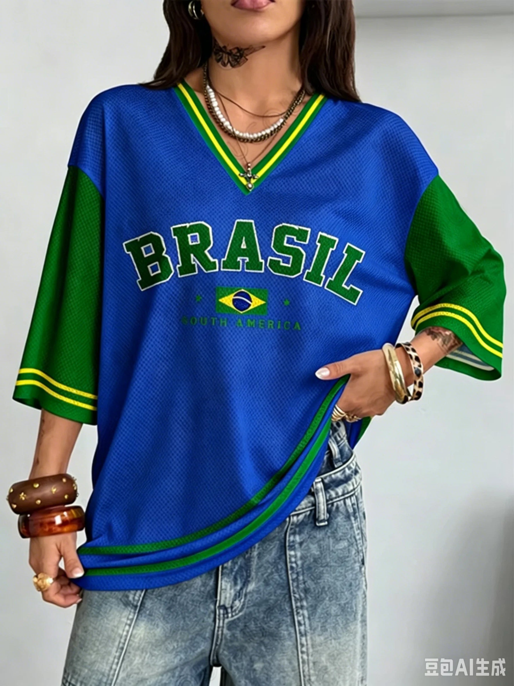 Summer New Vintage Brazil Style Print Women V-Neck T Shirt Patchwork Short Sleeve Sports Tees Football Jersey Y2K Loose Tops