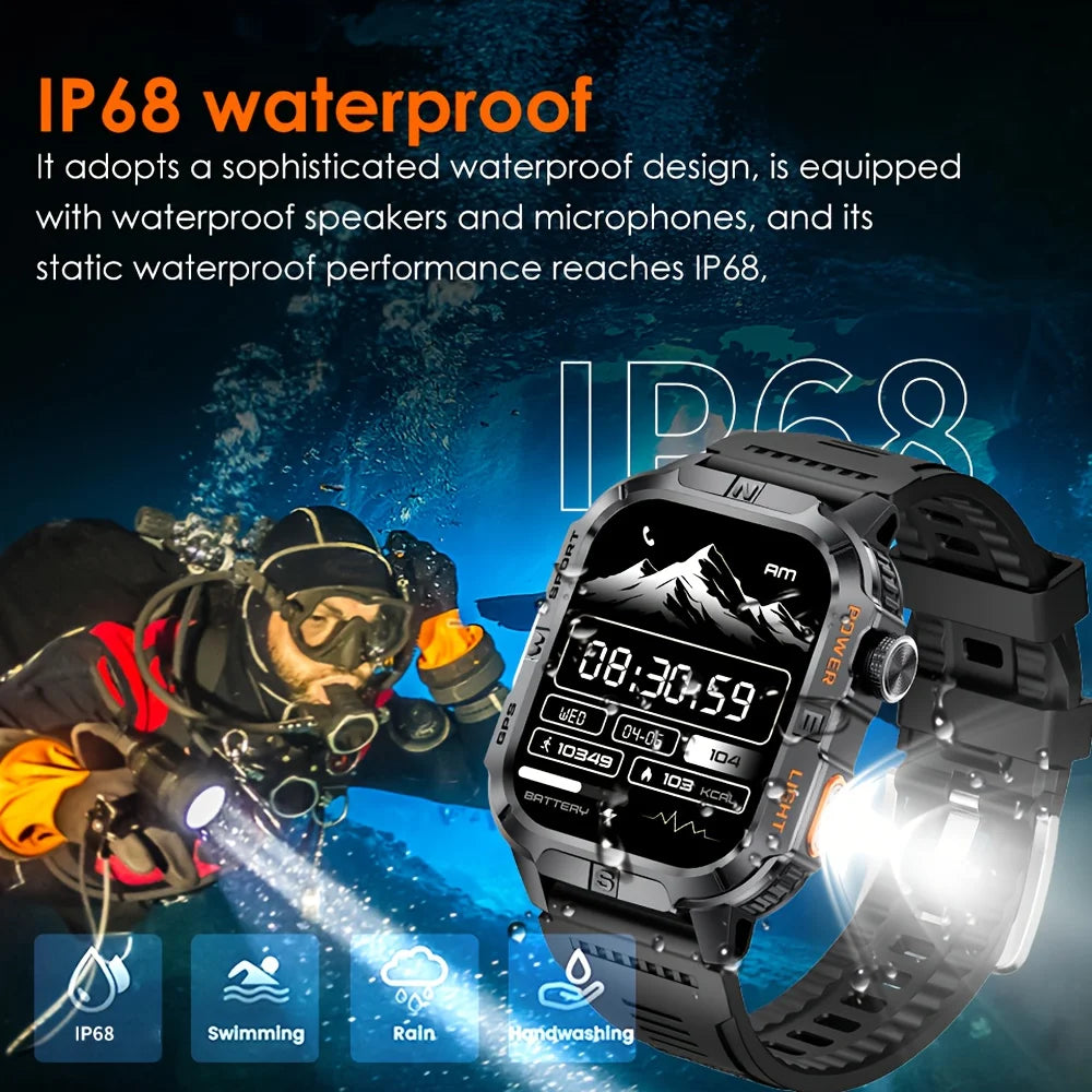 Rugged Outdoor Smart Watch for Men, 2.01" Display, GPS, Compass, LED Flashlight, IP68