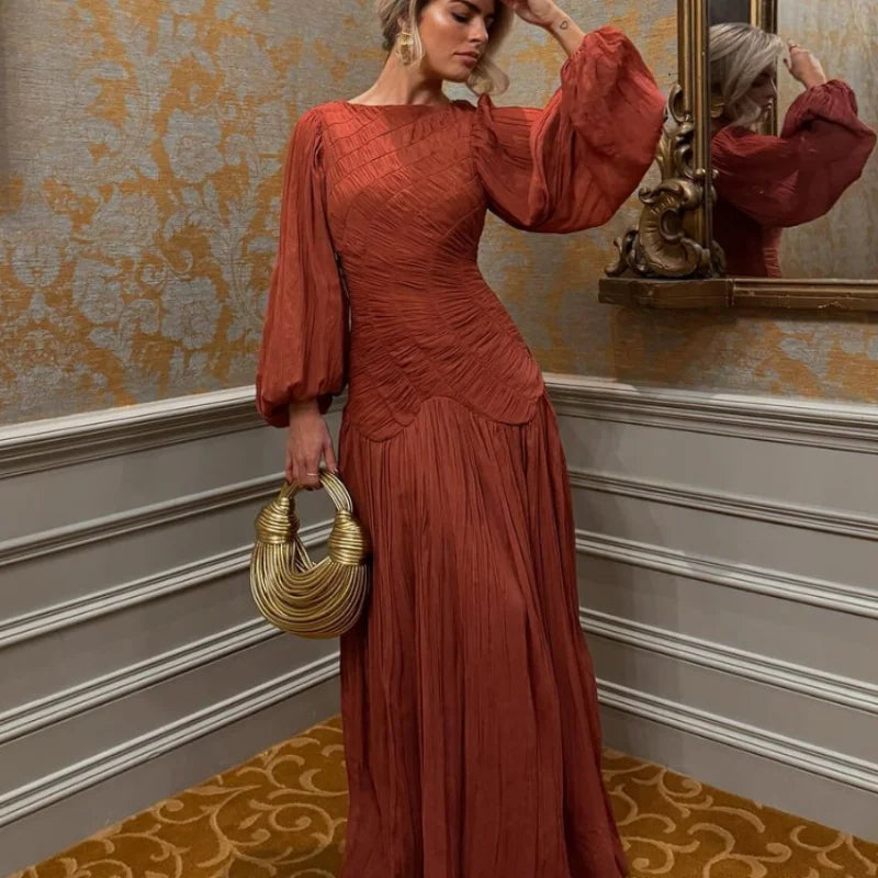 2026 Summer Women's Elegant Pleated Long Dress O-neck Loose Folds Lantern Sleeve Holiday Beach Commute Chic Vestidos