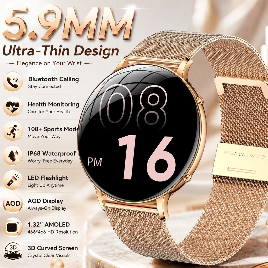 Ultra-Thin Women's Smart Watch, AMOLED, GPS Tracking, Always-On Display, LED Light