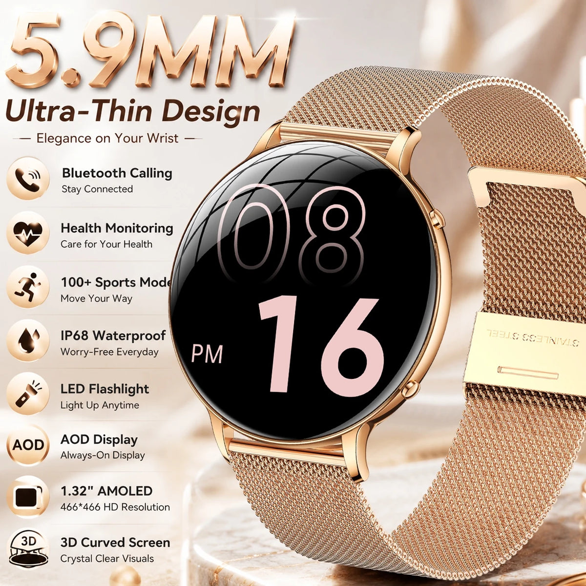 Ultra-Thin Women's Smart Watch, AMOLED, GPS Tracking, Always-On Display, LED Light