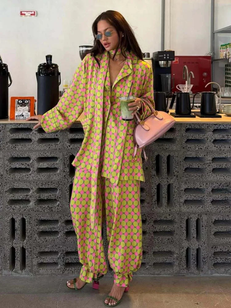 Lime Pink Polka Dot 2 Piece Set Oversized Long Sleeve Lapel Blazer Cuffed Wide Leg Trousers Sets Chic Casual Daily Outing Outfit