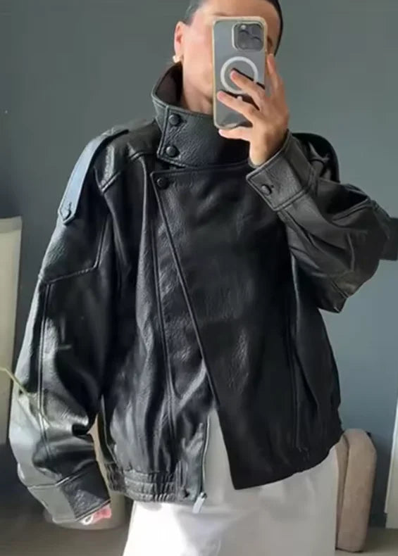 Women's Black Faux Leather Moto Jacket – Pebble Texture Long Sleeve Biker Jacket