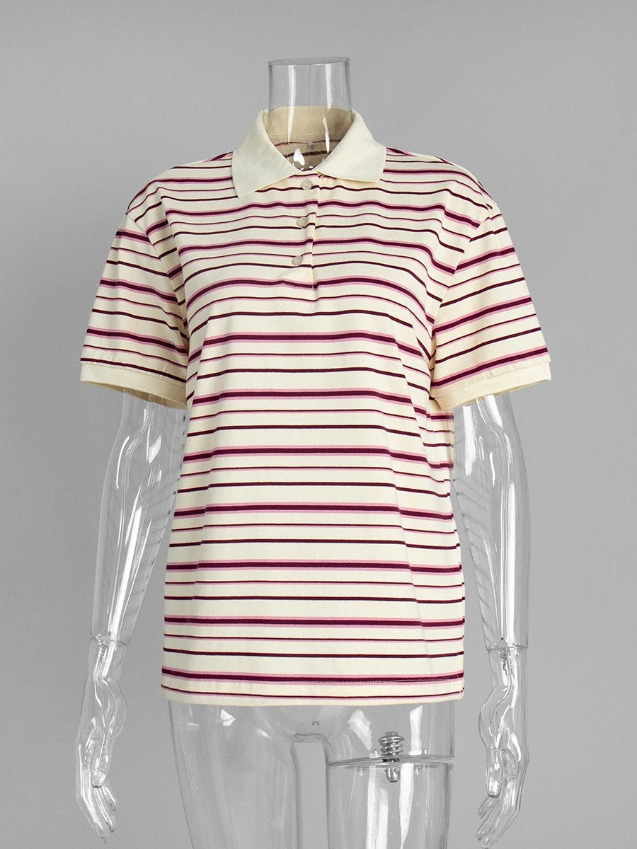 Sumuyoo Women's Retro Striped Polo T-Shirt Loose Fit Short Sleeve Casual Knitted Shirt Fashionable Summer Top for Ladies