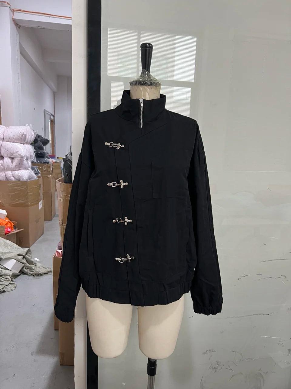 Women' S Vintage High Neck Jacket Metal Buckle Zipper Loose Coat Full Sleeve Outwears 2025 New Lady Fall Winter Streetwears