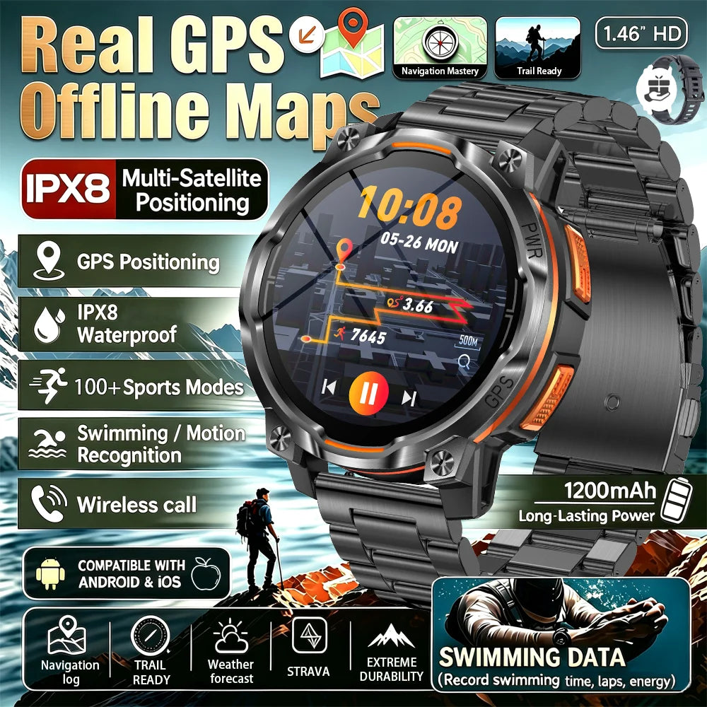 Outdoor GPS Smart Watch with Offline Maps, 1.46" AMOLED, Compass, Altimeter, IPX8