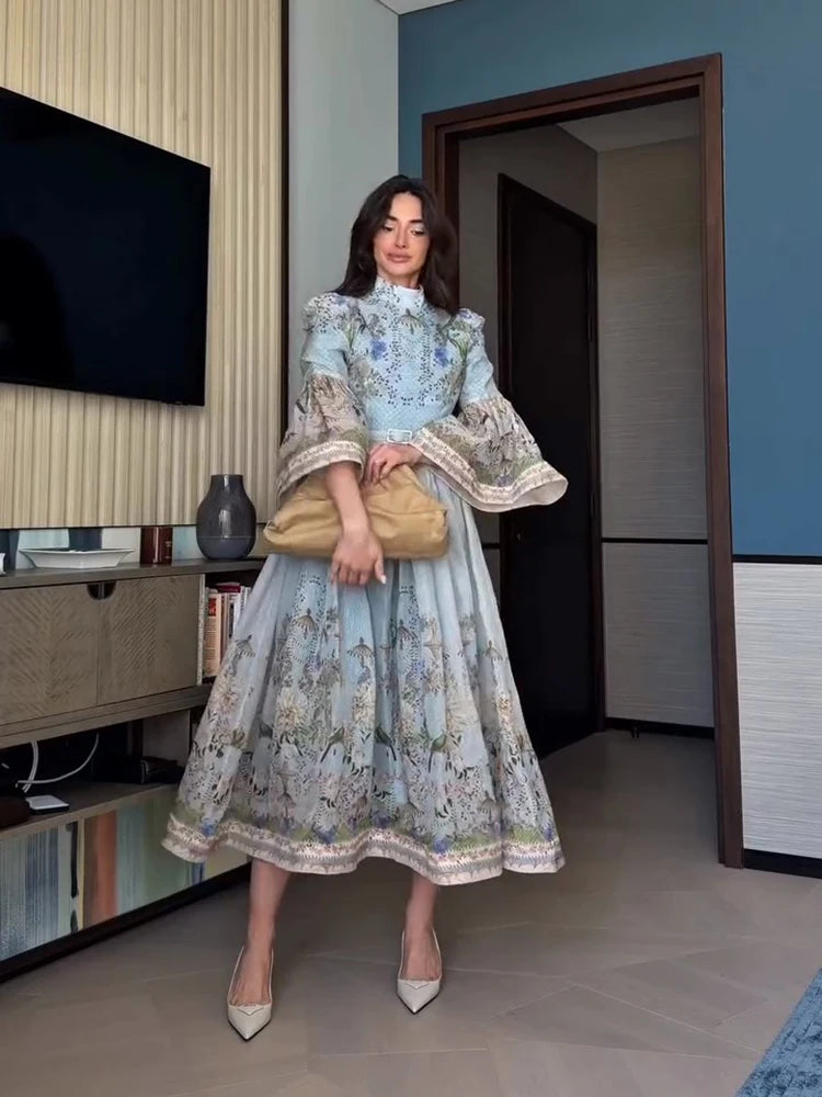 Elegant Women's Dress Full Sleeve Waist Belt A-line Hem Female Printed Dresses 2026 Summer Fashion Chic New Holiday Lady Robe