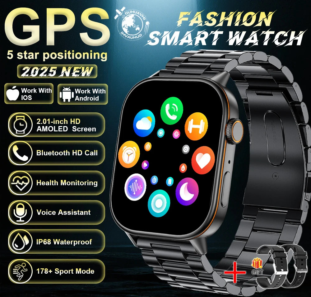 Outdoor GPS Smart Watch for Men, 2.01" AMOLED, Compass, 178+ Sports Modes