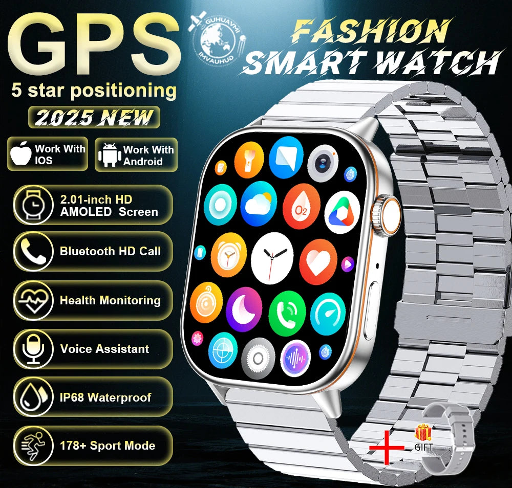 Outdoor GPS Smart Watch for Men, 2.01" AMOLED, Compass, 178+ Sports Modes