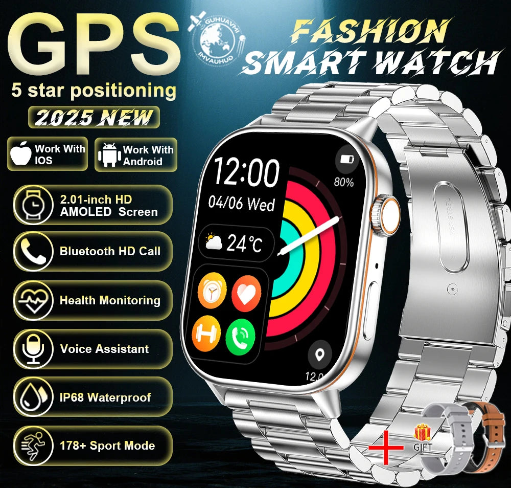 Outdoor GPS Smart Watch for Men, 2.01" AMOLED, Compass, 178+ Sports Modes
